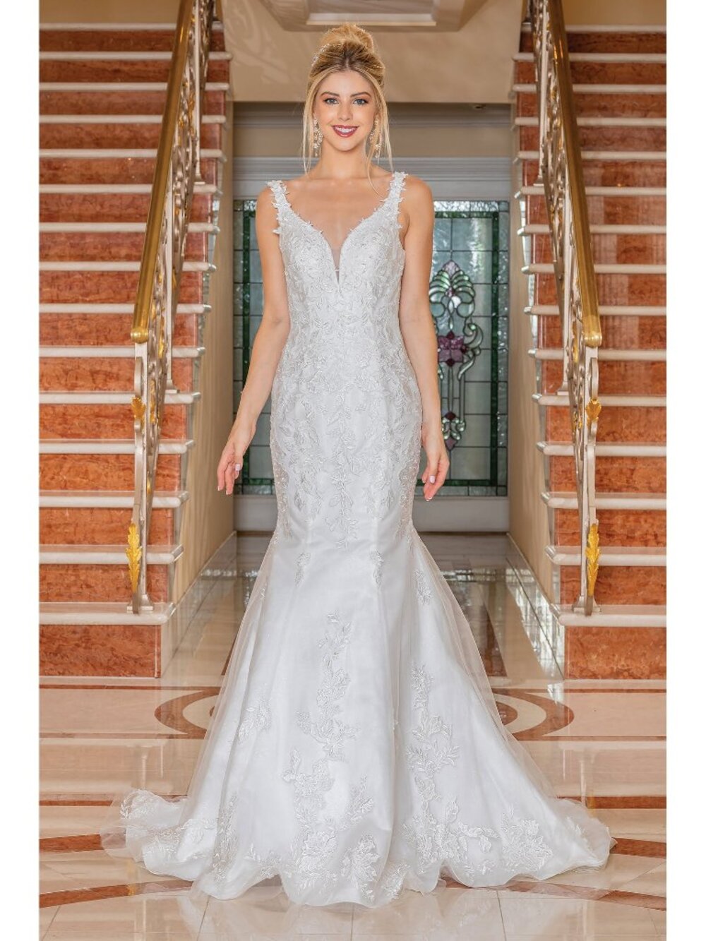 NEW OFF WHITE Lace & Embroidered Wedding Dress Floor Length With Train 0253